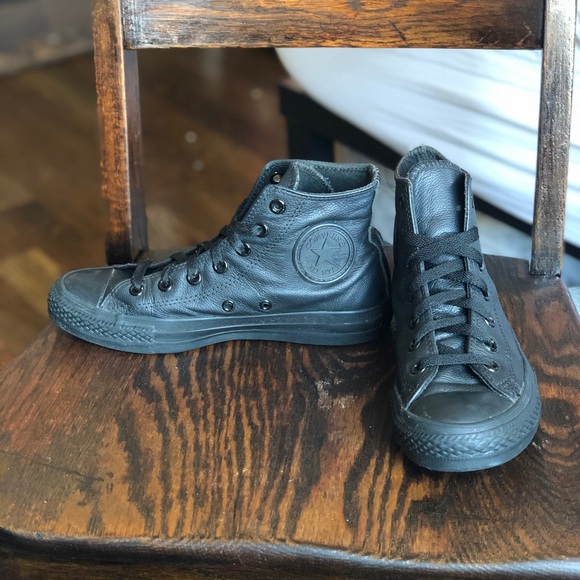 SOLD Black Leather Converse High Tops - Picture 5 of 6